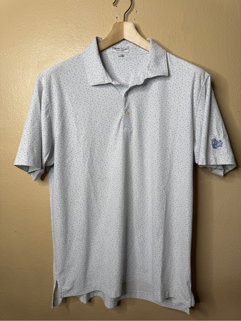 Peter Millar Summer Comfort Men’s Polo Shirt Large Blue White Micro Print Golf